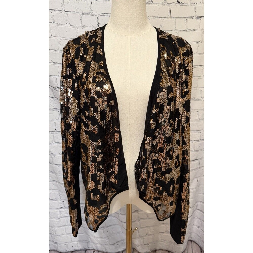 GUESS gold sequin black Open Leopard Print cardigan Size XL